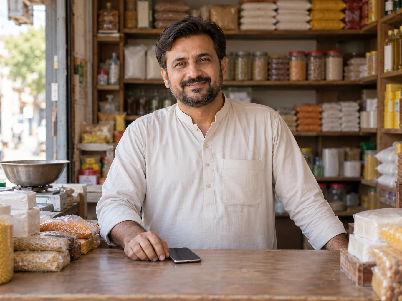 A shop owner behind the counter of his shop